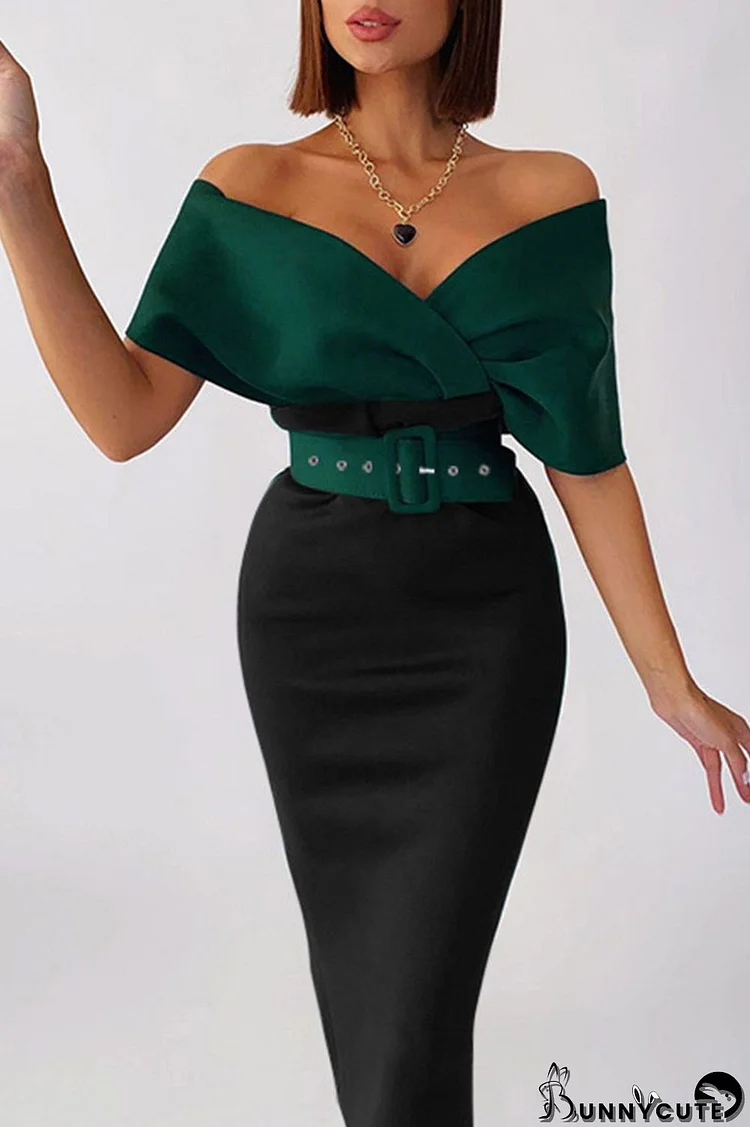 Green Work Elegant Solid Split Joint With Belt V Neck One Step Skirt Dresses