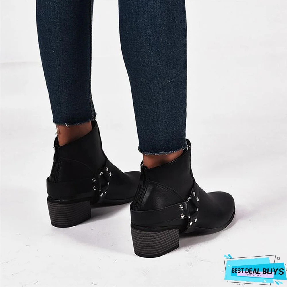 Women Boots Vintage Leather High Heels Shoes Bota Woman Autumn Short Boot Winter Buckle Daily Ankle Boots