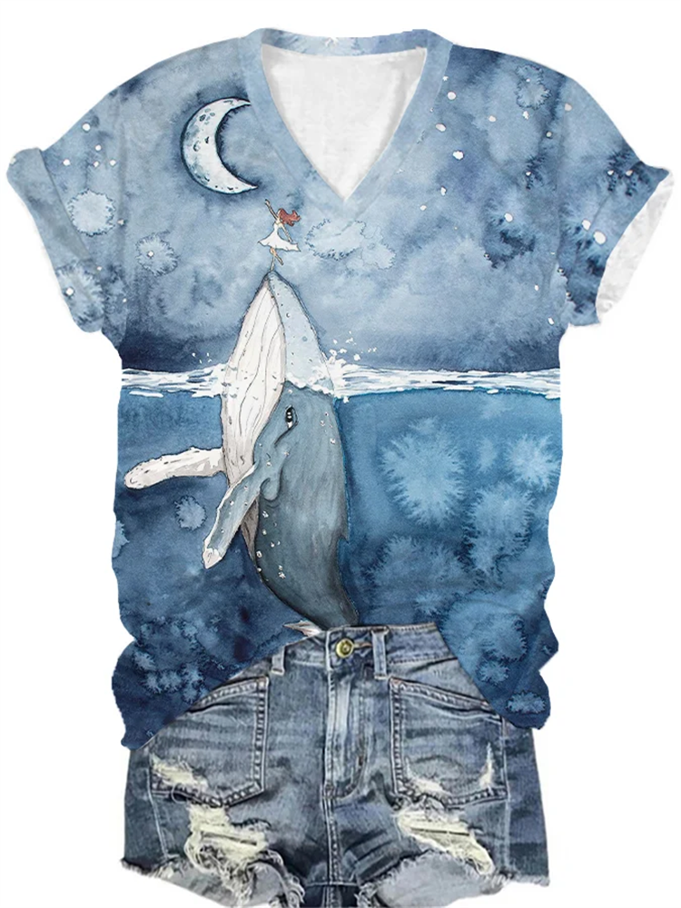 Women's Humpback Whale Print Casual T-Shirt