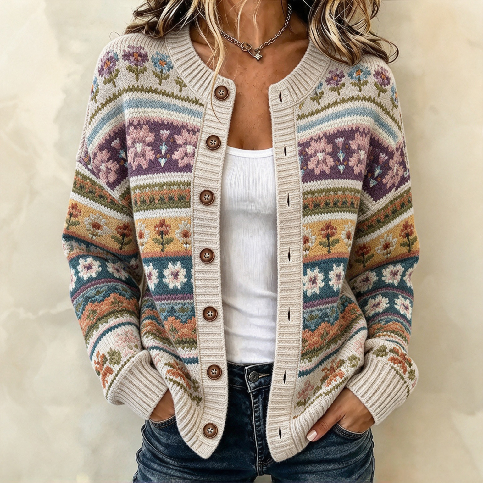 Comstylish Women's Vintage Floral Print Knit Cardigan Sweater