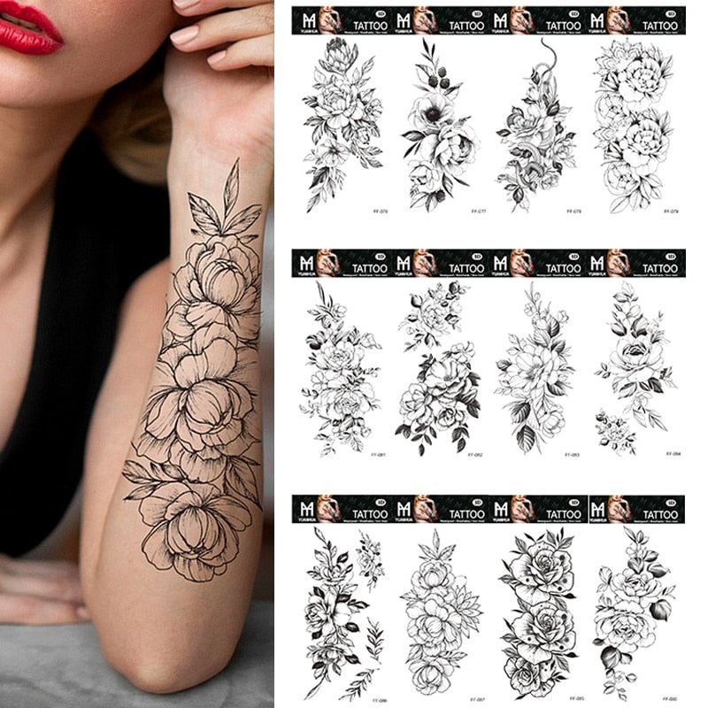 100 Piece Lot Black Flower Rose Waterproof Temporary Tattoos Sticker Wholesales Snake Letter Body Arm Leg Henna Fake Sleeve