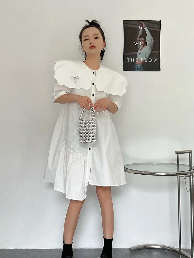 Temperament White Sailor Collar Asymmetrical Ruffle Patchwork Hem Short Sleeve Dress