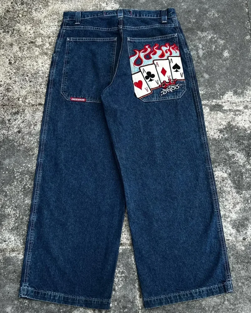 Spontork Retro Skull Graphic Embroidered JNCO Jeans New Harajuku Hip Hop Baggy Jeans Denim  Pants Men Women Goth High Waist Wide Trousers Pants