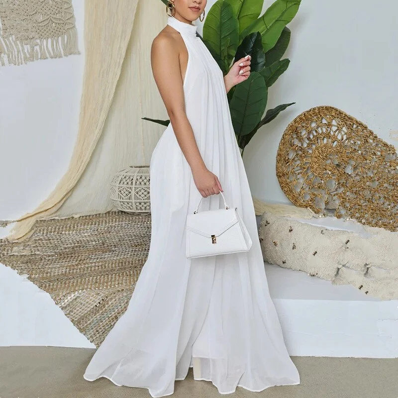 2021 Hot Sale Women Chiffon Halter Backless Long Jumpsuits Loose Style Long Overalls Elegant Party Club Jumpsuit