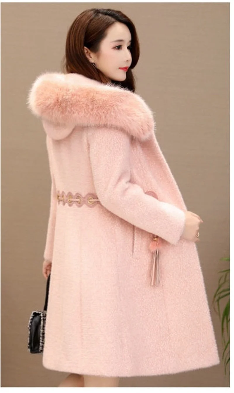 Hooded Fur Collar Coat Women Winter New Fashion Imitate Mink Velvet Coat Female Large Size Mid Long Pink Woolen Coat Outerwear