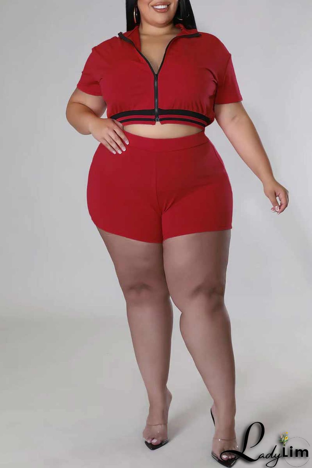 Black Casual Solid Patchwork Zipper Plus Size Two Pieces