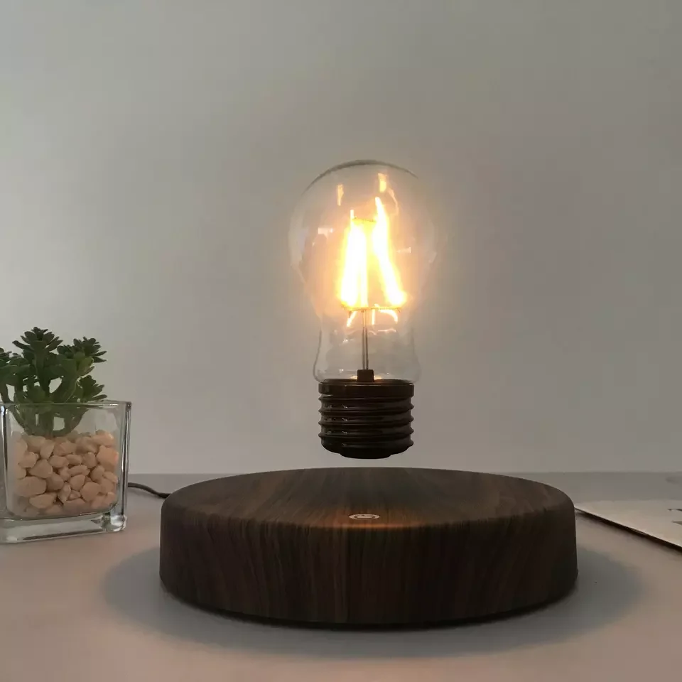 Magnetic Levitating Floating Wireless LED Light Bulb Desk Lamp for Unique Gifts, Room Decor, Night Light, Home Office Decor Desk Tech Toys (Round Wooden Base..)