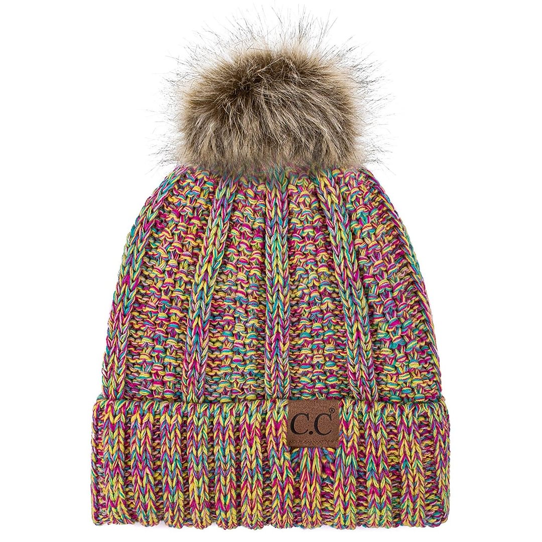 Women Hat Fuzzy Lined Knit Fur Pom Beanie Hat