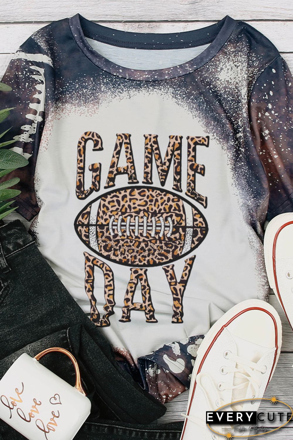 Multicolor GAME DAY Leopard Football Graphic Print Crew Neck T Shirt