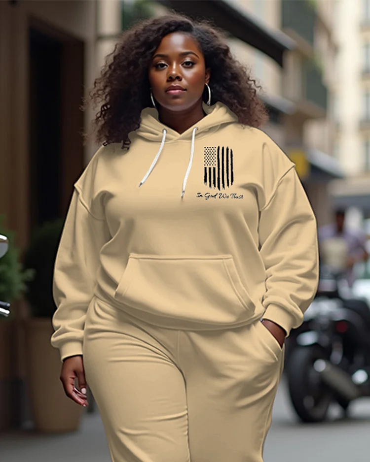 Women's Plus In God We Trust America Flag Long Sleeve Hoodie