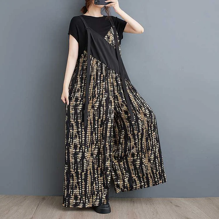 Vintage Printed Spliced Wide Leg Jumpsuit