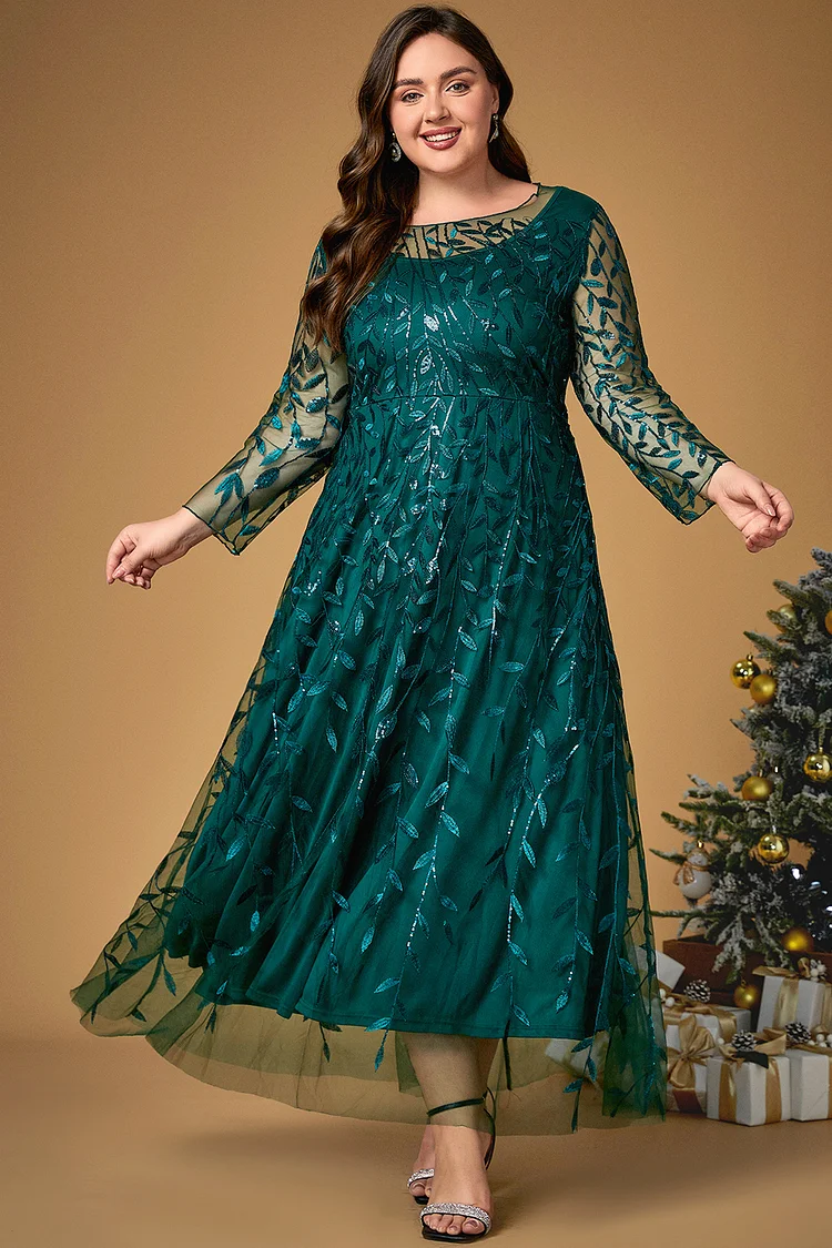 Flycurvy Plus Size Mother Of The Bride Green Christmas Mesh Leaf Sequin Embroidery Double Layer Tunic Maxi Dress  Flycurvy [product_label]