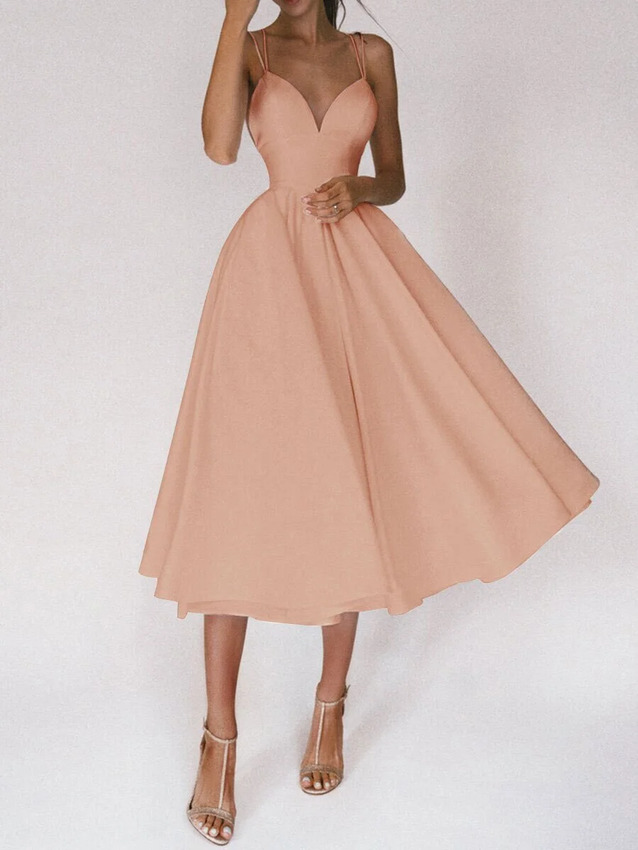 Women's summer solid color sling dress skirt mid-length high waist large swing dress