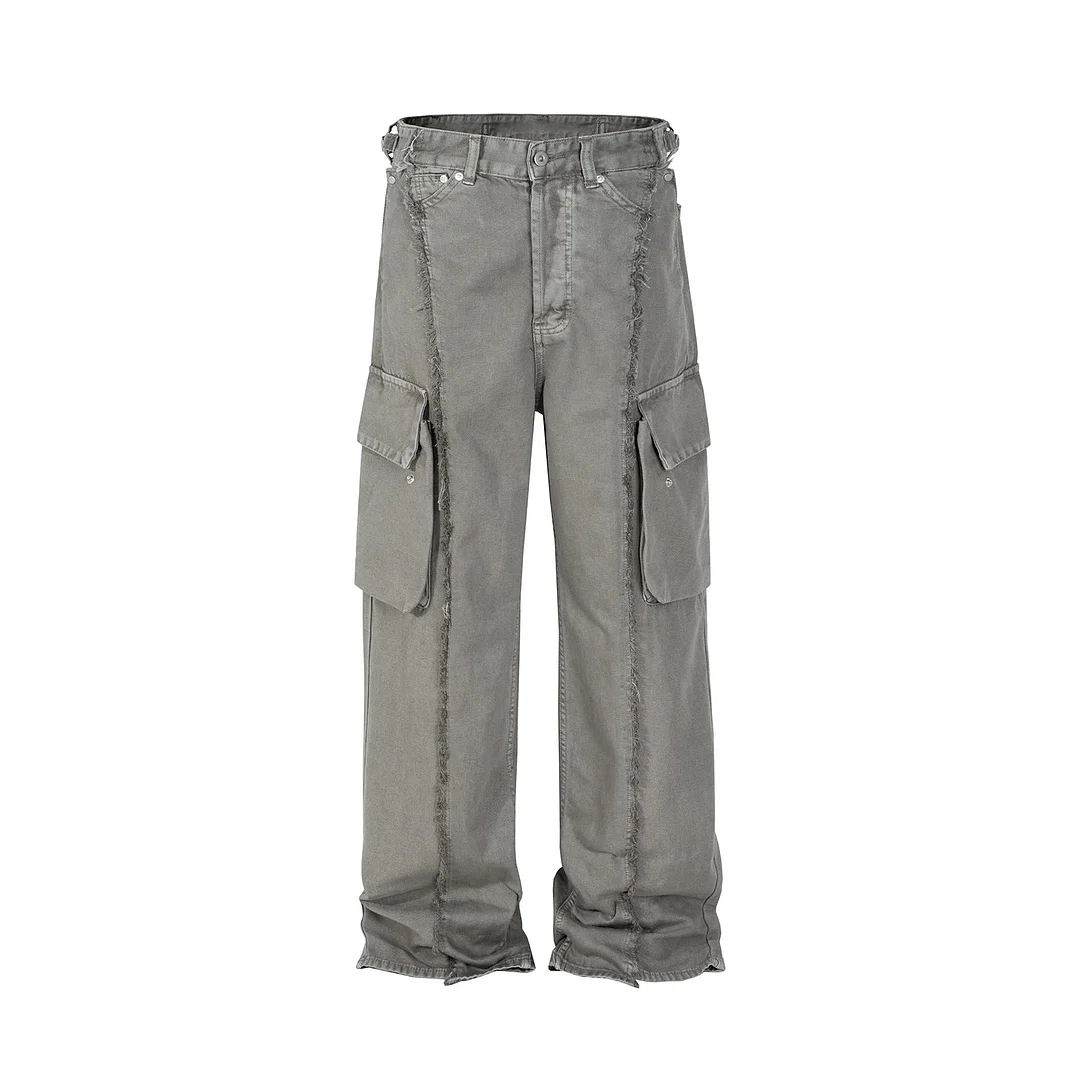 Aonga Y2k Streetwear Tassel Multi Pocket Jeans for Men Straight Solid Baggy Cargo Pants Pantalones Hombre Casual Denim Trousers aonga