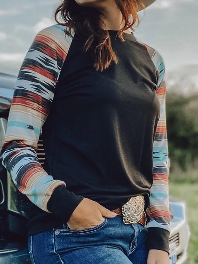 Black Cotton-Blend Long Sleeve Printed Geometric Shirts & Tops