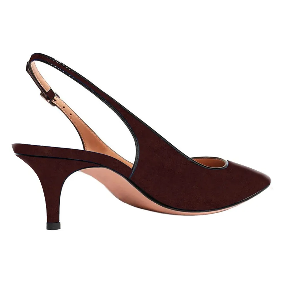 Women's Pointed Toe Slingback Shoes Kitten Heel Pumps Comfortable Dress Brown Suede Shoes-vocosishoes