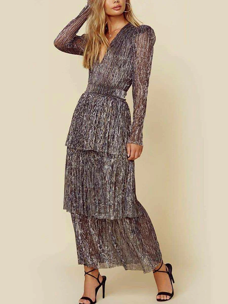 Elegant V-Neck Long Sleeve Midi Layered Dress