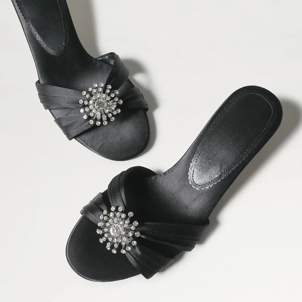 Black Satin Kitten Heel Women's Mules Shoes with Rhinestones Decor