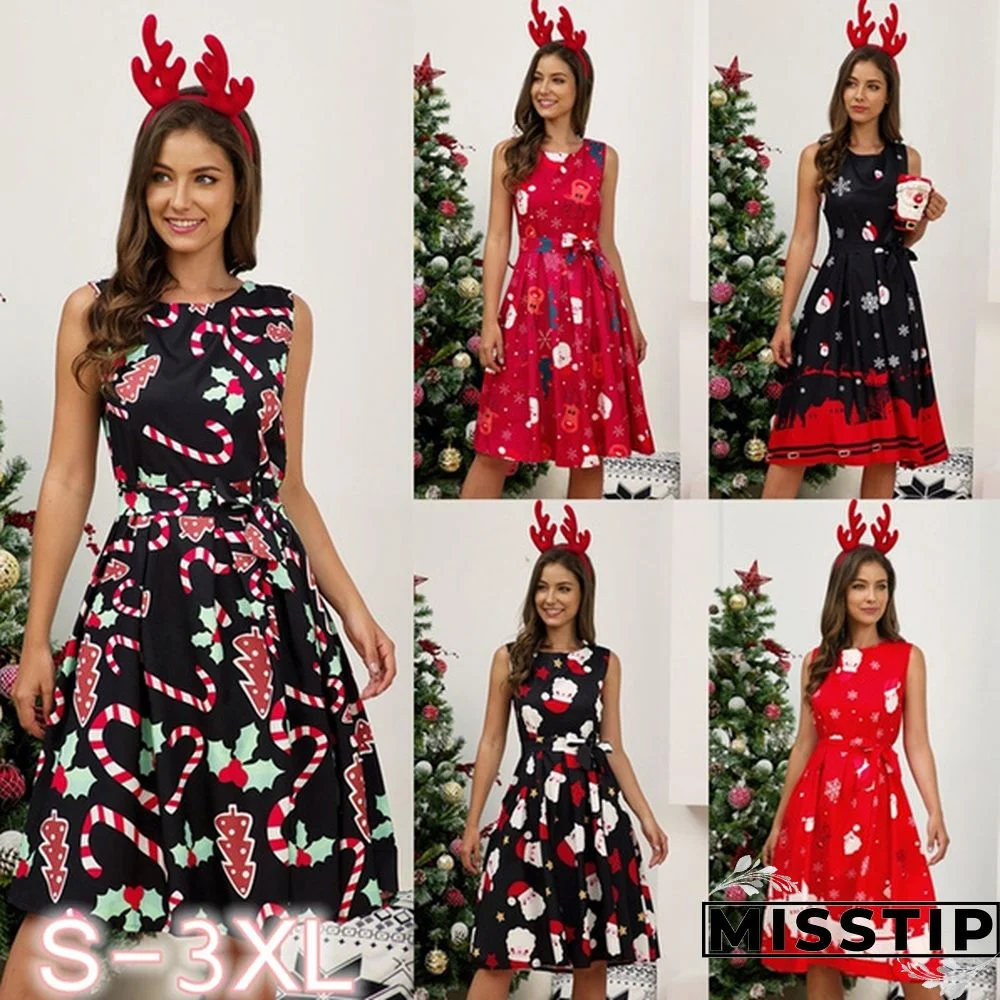 Womens Vintage Sleeveless Santa Christmas 1950s Retro Xmas Evening Prom Swing Dress