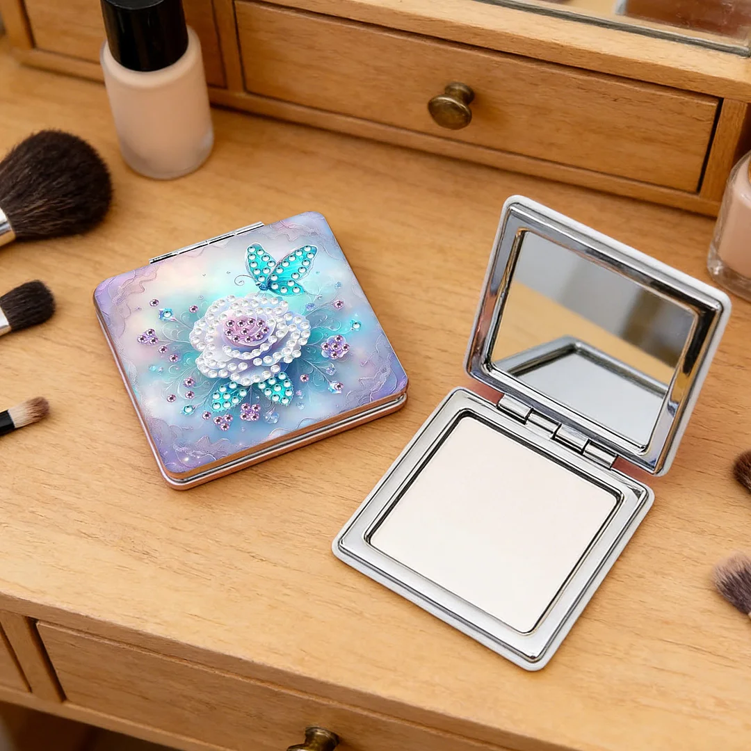 White Flower DIY Special Shaped Diamond Painting Compact Mirror Kits Diamond Art Painting Pocket Mirror for Beginners Adults Art Craft Woman Gifts