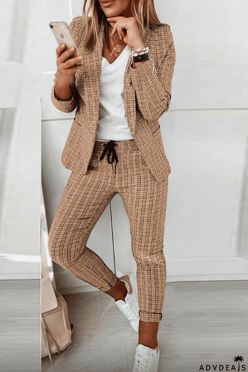 Casual Street Plaid Patchwork Turndown Collar Long Sleeve Two Pieces