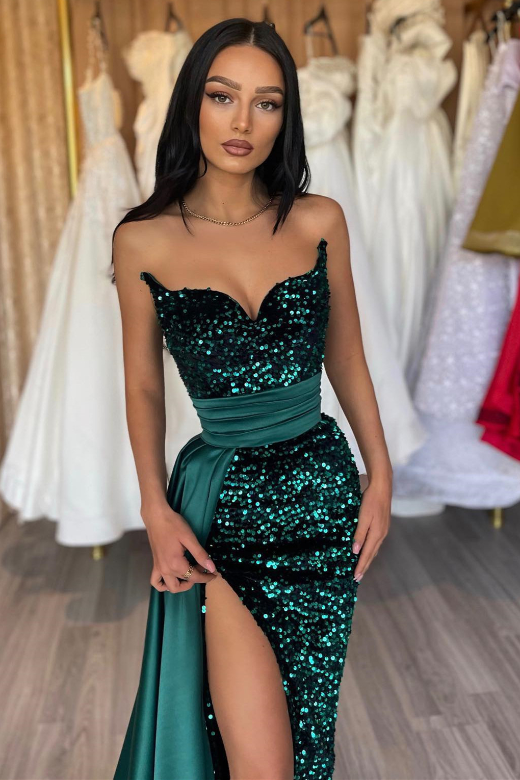 Luluslly Emerald Green Sweetheart Prom Dress Sequins Mermaid With Slit