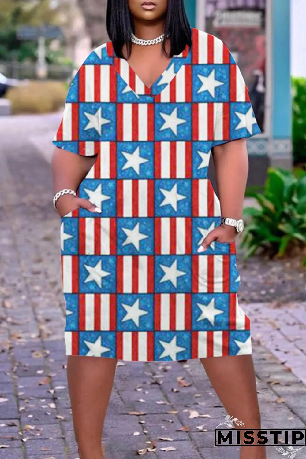 Dark Blue Red Casual Print Patchwork V Neck Short Sleeve Dress Plus Size Dresses