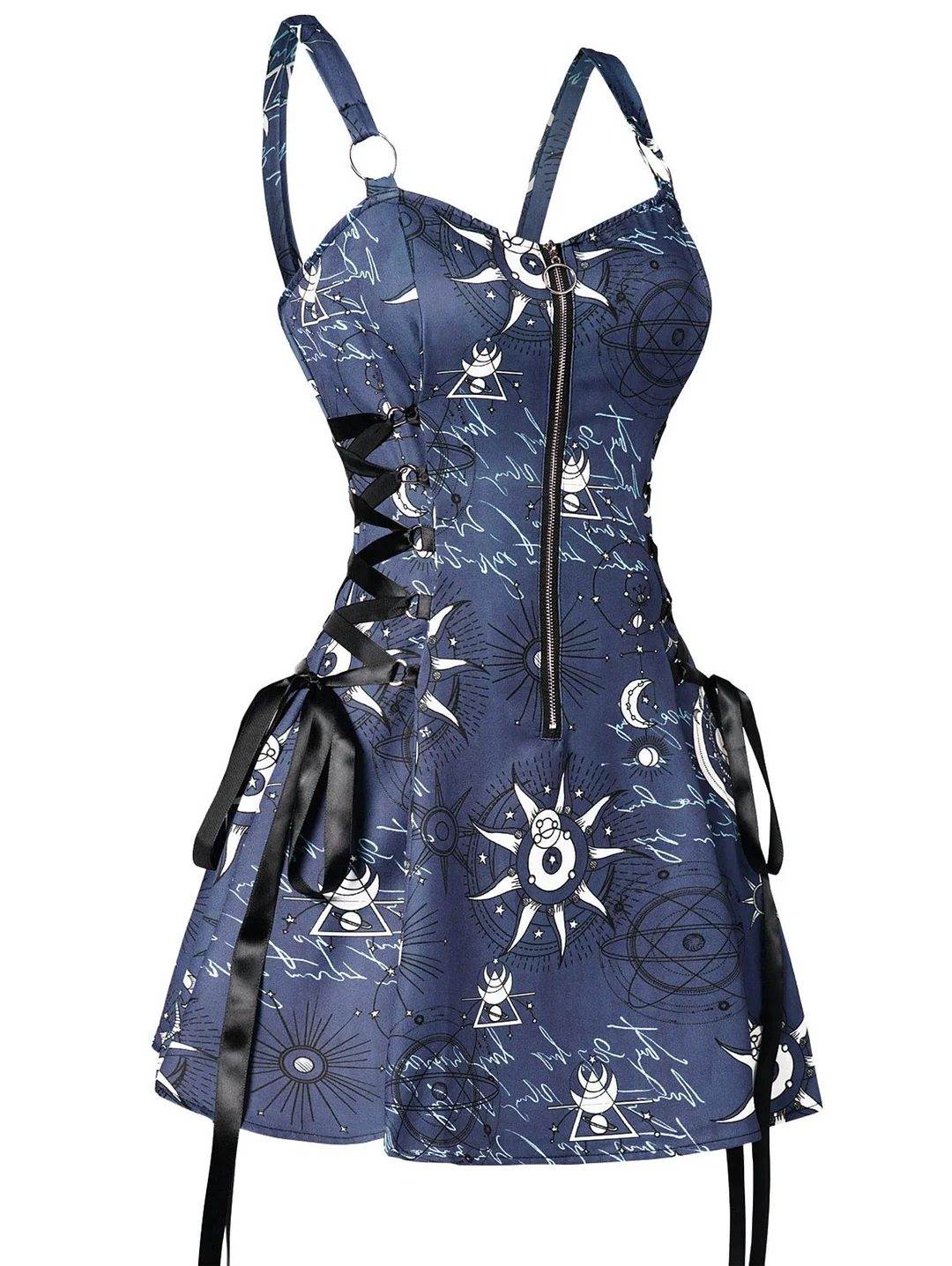 Star Print Lace-Up Apron Mini Dress with Front Zipper