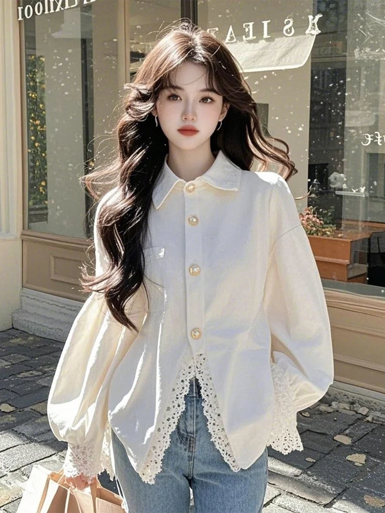 Athvotar Athvotar White Lace Splicing Shirt Women's New Spring 2025 Design Sense Age-Reduce T-Shirt Clothes