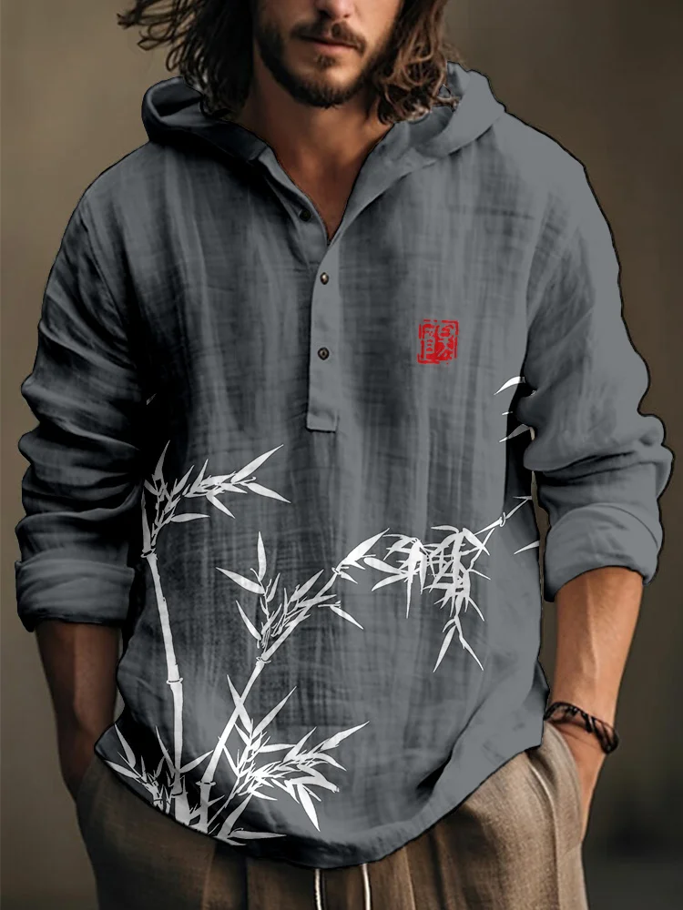 Minimalist Bamboo Art Linen Blend Hooded Shirt
