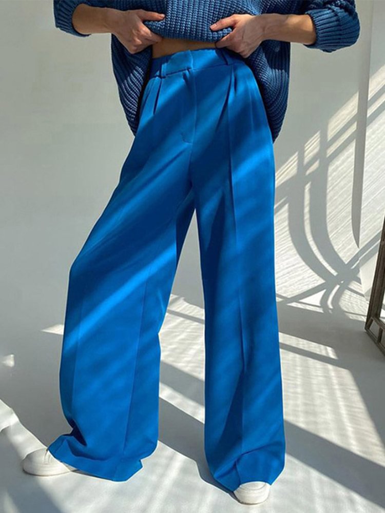 Blue Office Women'S Pants 2022 Fashion Loose Full Length Ladies Trousers Casual High Waist Wide Pants For Women