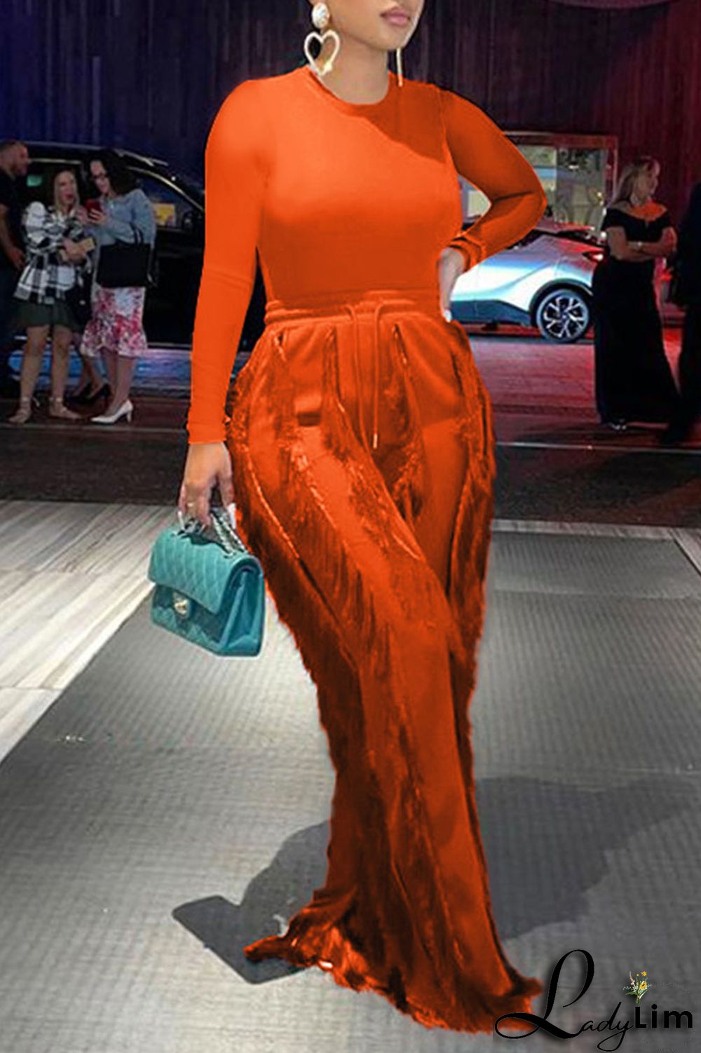 Orange Fashion Casual Solid Tassel Patchwork O Neck Long Sleeve Two Pieces