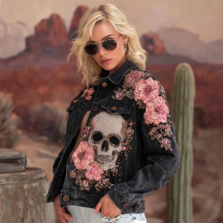 Vintage Boho Skull Floral Embroidered Art Women's Denim Jacket