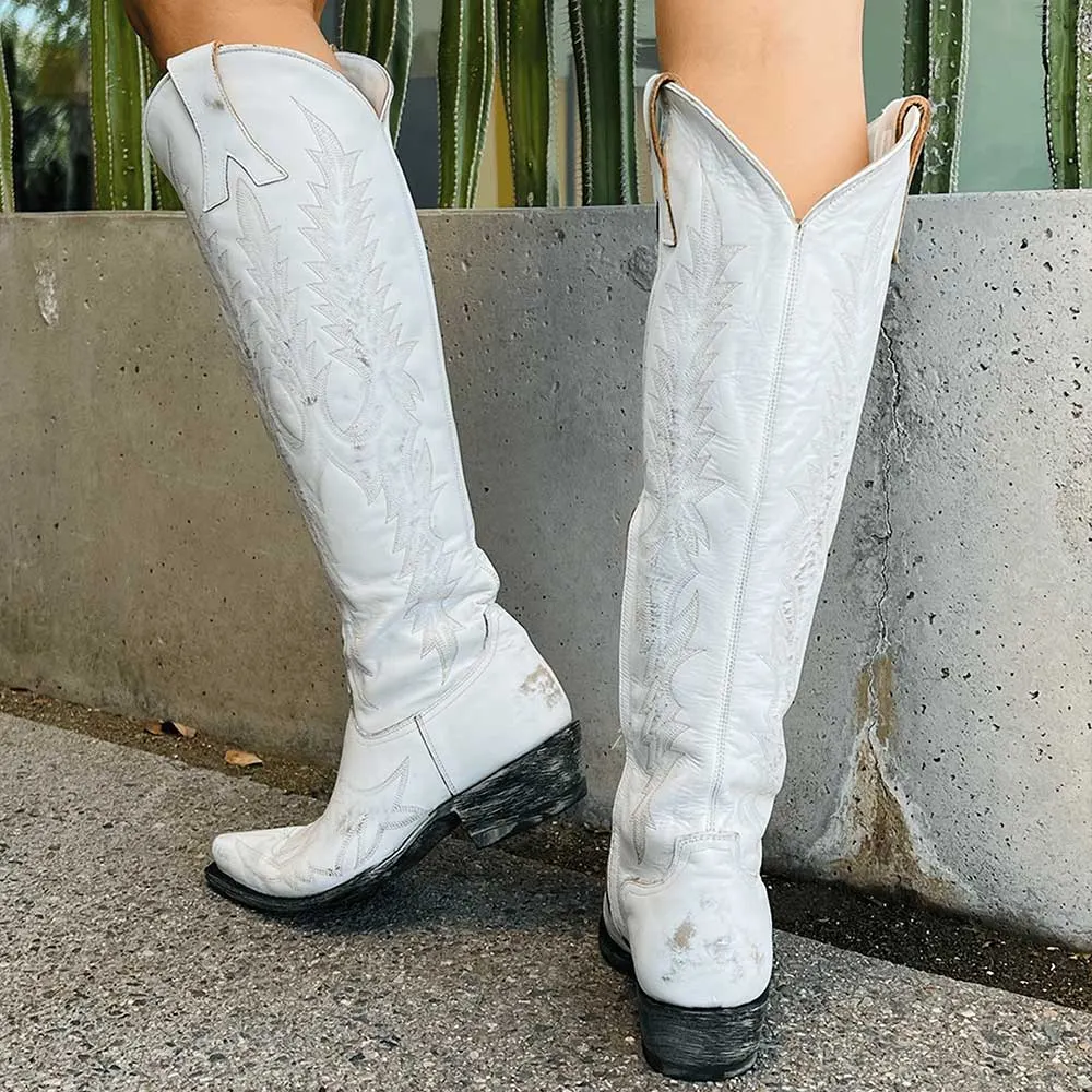 White Snip Toe Knee High Distressed Embroidered Cowgirl Boots