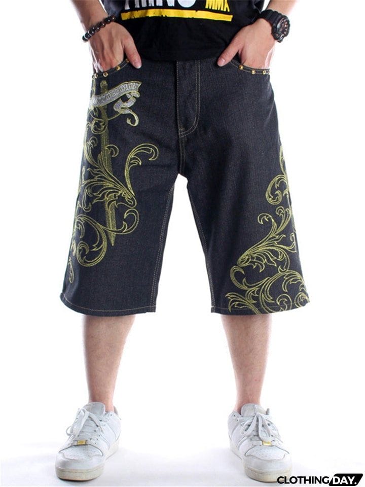 Trendy Street Style Loose Embroidered Comfy Cropped Pants For Men