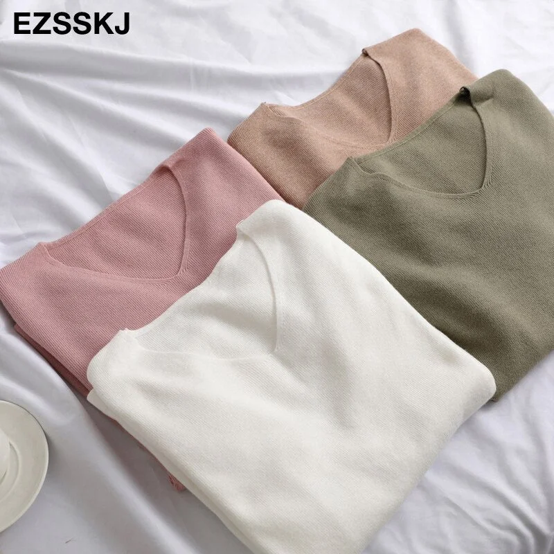 chic casual Autumn Winter Basic  v-neck Sweater pullovers Women 2021 loose Knit  Pullover female Long Sleeve Khaki Sweater
