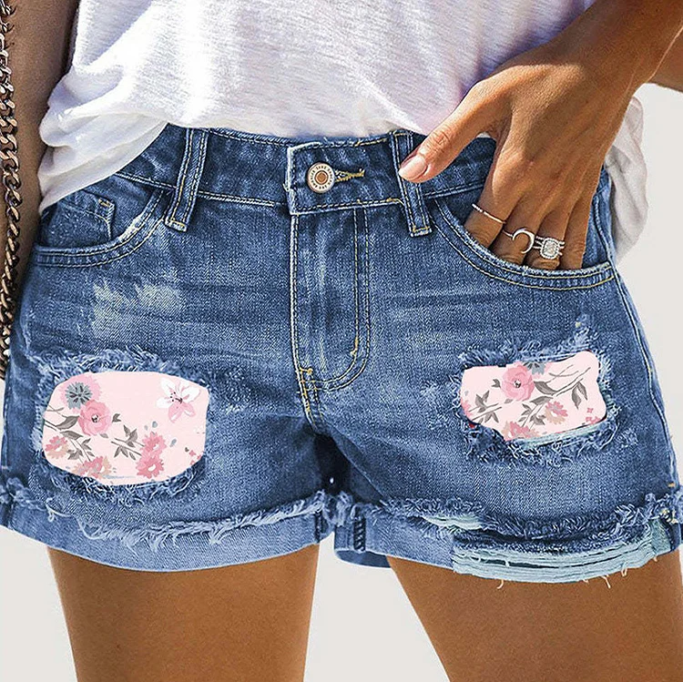 Floral Printed Cuffed Ripped Denim Shorts