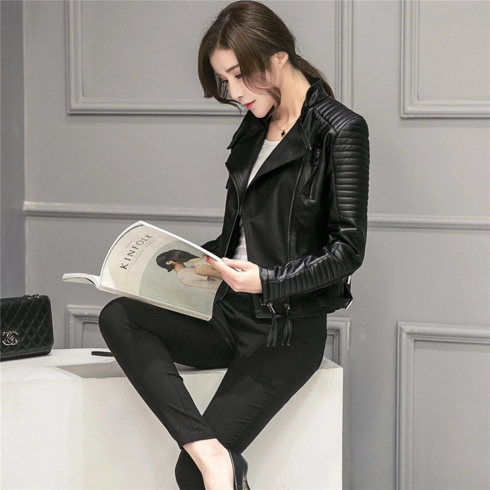 FTLZZ New Spring Autumn Women Faux Soft Leather Jackets Pu Black Blazer Zippers Coat Motorcycle Outerwear Biker Jacket