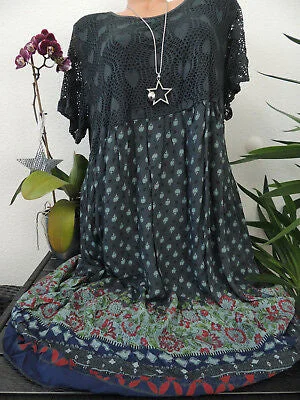 Women Short Sleeve Scoop Neck Floral Printed Lace Stitching Tops