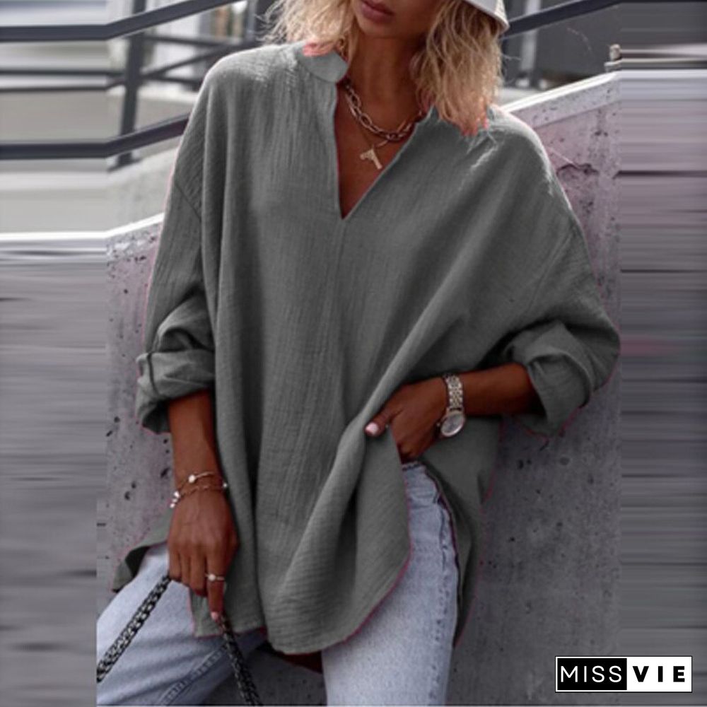 Women Autumn Casual Long Sleeve V-Neck Blouse Solid Color Loose Pullover Top Ladies Commuter Fashion Simple All-match Shirt