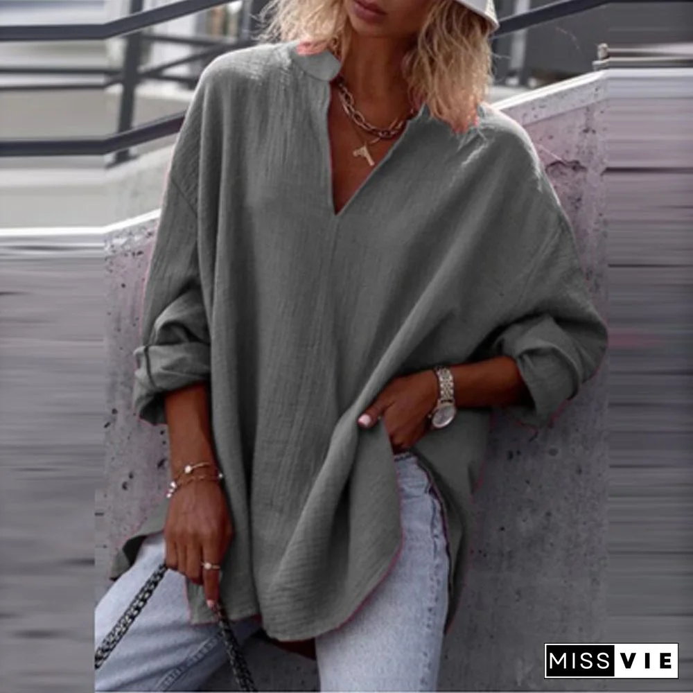Women Autumn Casual Long Sleeve V-Neck Blouse Solid Color Loose Pullover Top Ladies Commuter Fashion Simple All-match Shirt