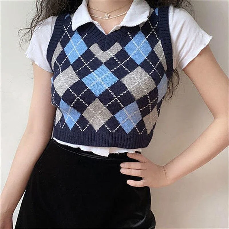 New Spring Knitted Jumper Crop Argyle Sweater Vest England Plaid Pullover Sweater Vest Jumper Top 90's Aesthetic Clothing