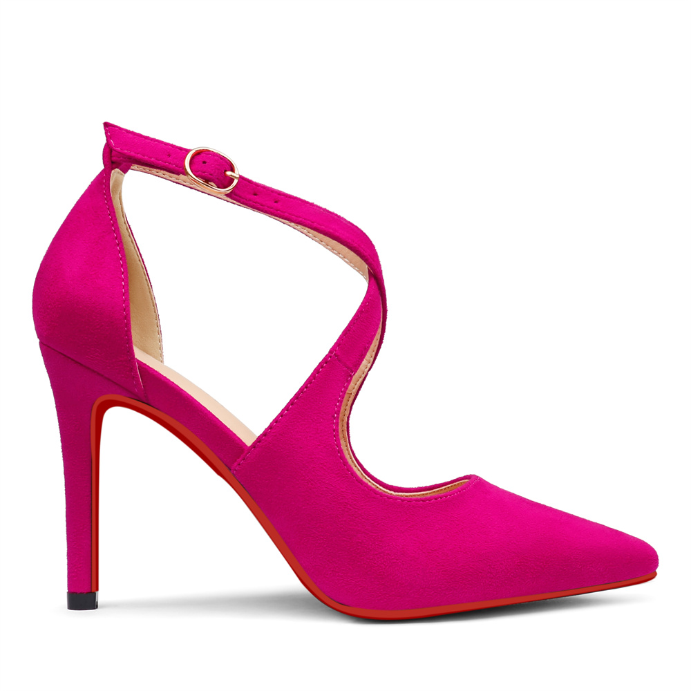 95mm Women's Pointed Toe Cross Strap Heels Ankle Strap Sandals Red Bottoms Pumps Shoes Suede-MERUMOTE