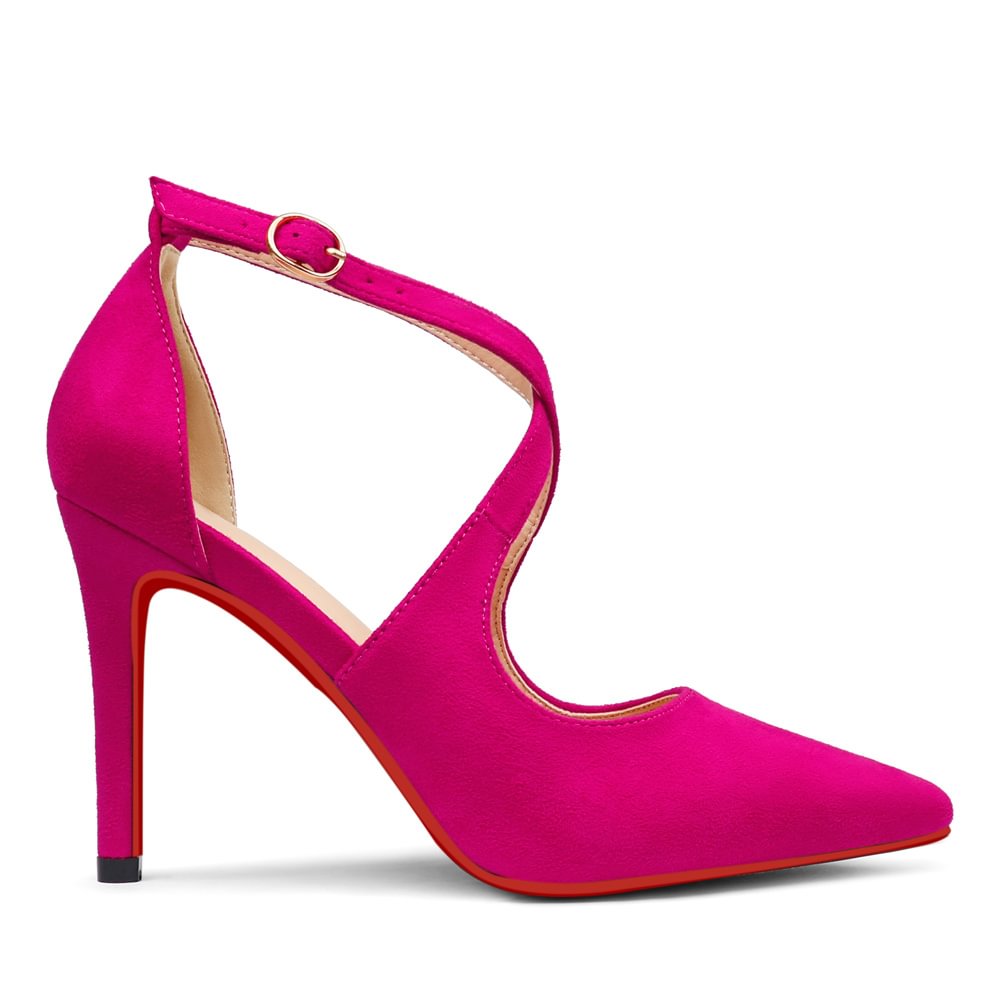 95mm Women's Pointed Toe Cross Strap Heels Ankle Strap Sandals Red Bottoms Pumps Shoes Suede-MERUMOTE