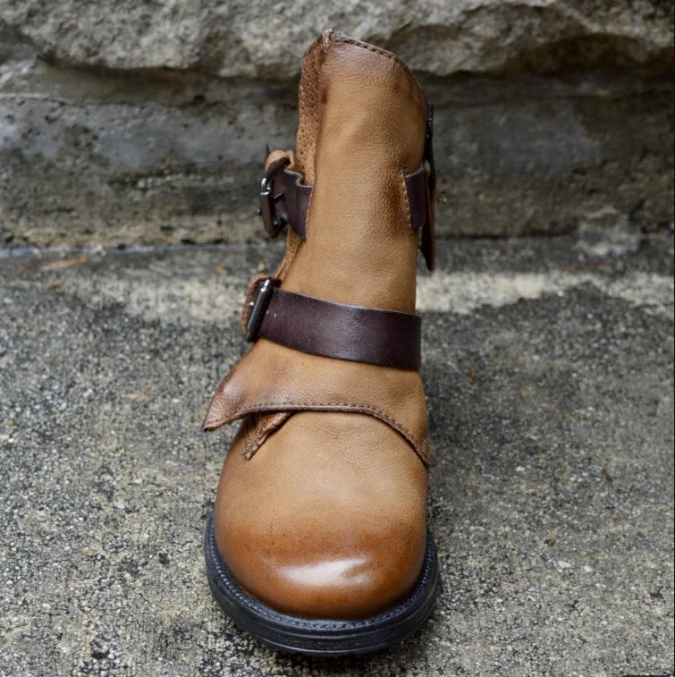 Low Heel Round Toe Belt Buckle Women's Low Boots