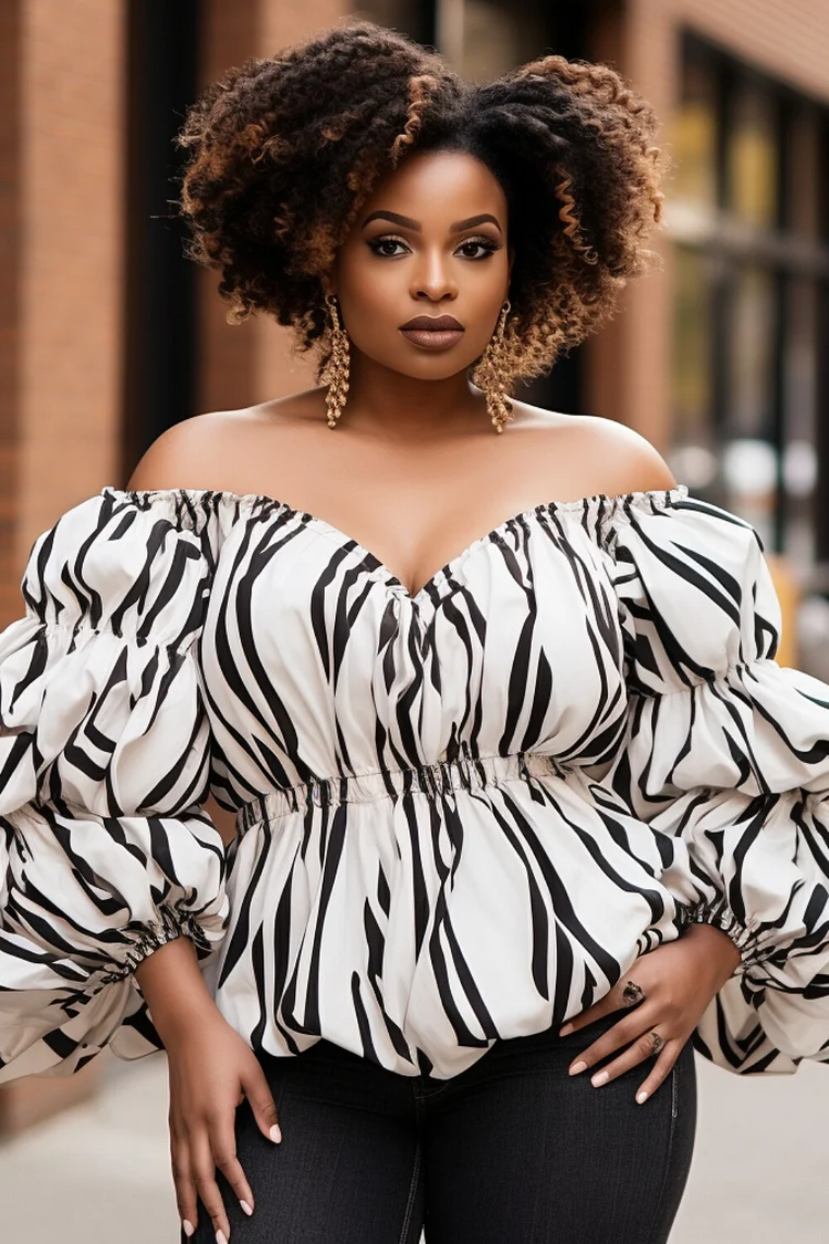 Xpluswear Design Plus Size Business Casual White Zebra Print Off The Shoulder Puff Sleeve Long Sleeve Elegant Blouses [Pre-Order] 2024 - Xpluswear