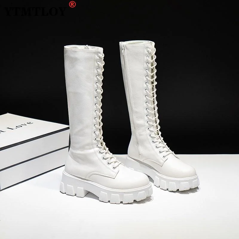 Winter Long Shoes Women White Lace Up Zip Height Increasing Pu Leather Plush Botas Mujer Big Size 43 Boots Platform  Mid-calf