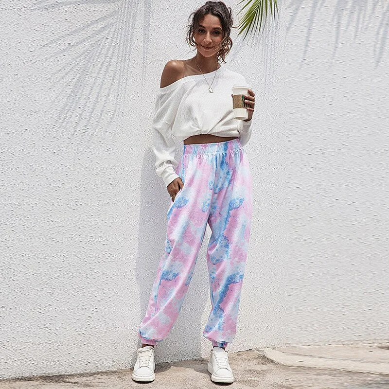 Women Cotton Sweatpants Oversized Tie Dye Loose Wide Leg Soft High Waisted Trousers Joggers Sports Pants Hip Hop Streetwear