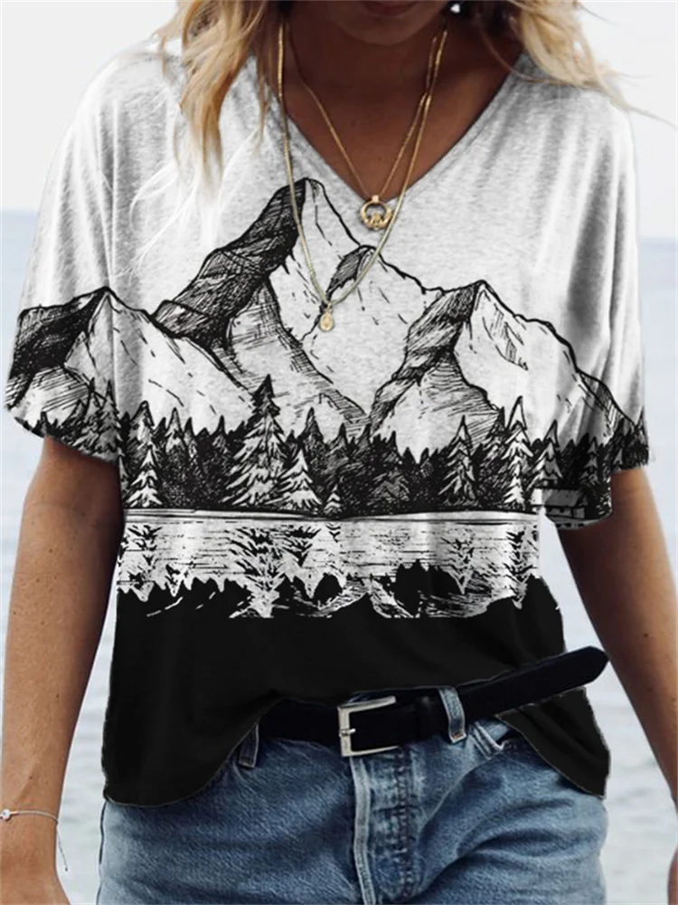 Mountains Landscape Reflection Contrast V Neck T Shirt