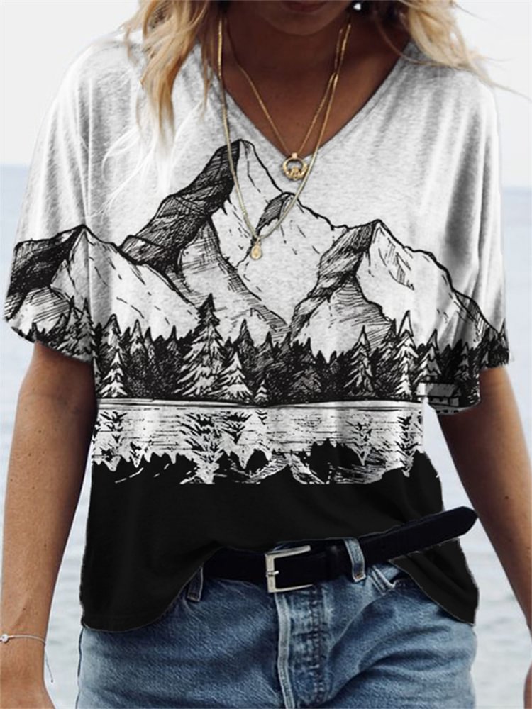 Vefave Mountains Landscape Reflection Contrast V Neck T Shirt